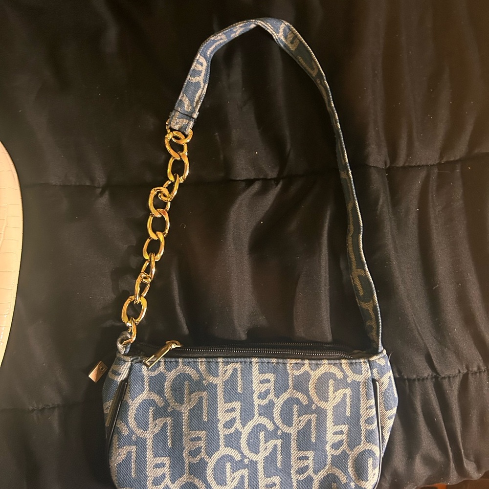Blue and Gold Monogram Shoulder Bag with Chain Strap